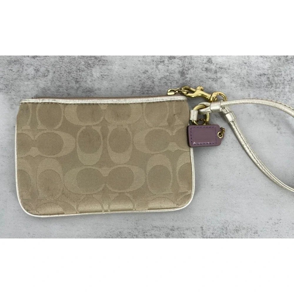 Coach Poppy Signature C Khaki Gold Metallic Leather Trim Wristlet
